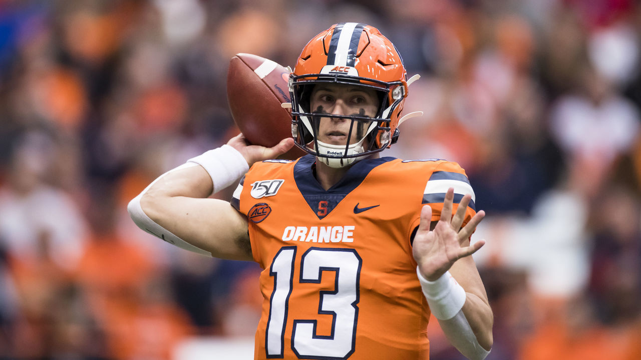 SYRACUSE, NY - NOVEMBER 02: Tommy DeVito #13 of the Syracuse Orange passes the ball during the first quarter against the Boston College Eagles at the Carrier Dome on November 2, 2019 in Syracuse, New York. Boston College defeats Syracuse 58-27.