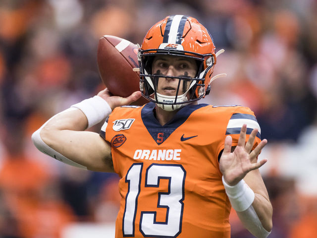 SYRACUSE, NY - NOVEMBER 02: Tommy DeVito #13 of the Syracuse Orange passes the ball during the first quarter against the Boston College Eagles at the Carrier Dome on November 2, 2019 in Syracuse, New York. Boston College defeats Syracuse 58-27.