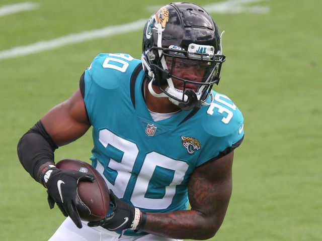 JACKSONVILLE, FL - OCTOBER 18: Jacksonville Jaguars Running Back James Robinson (30) during the game between the Detroit Lions and the Jacksonville Jaguars on October 18, 2020 at TIAA Bank Field in Jacksonville, Fl.