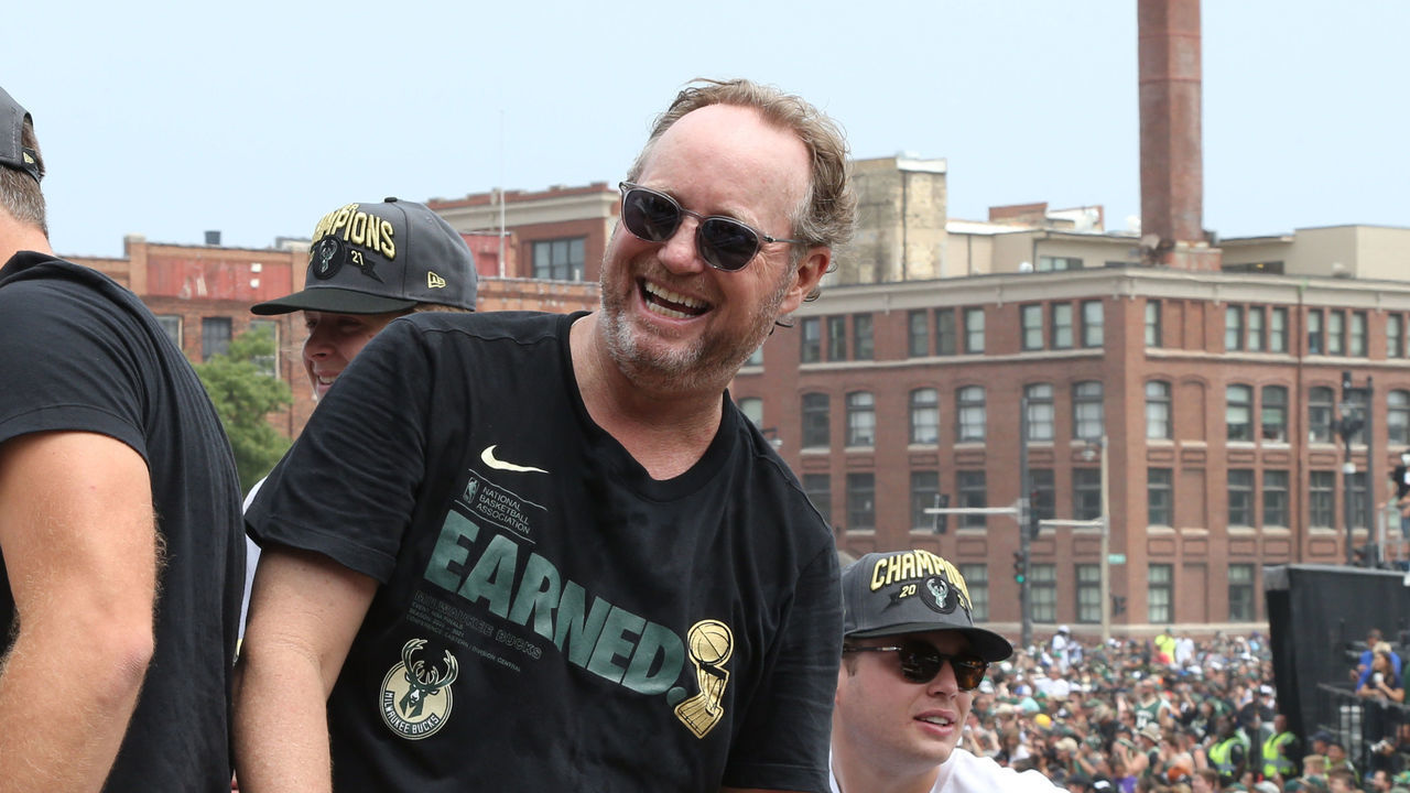 MILWAUKEE, WI - JULY 22: Head Coach Mike Budenholzer of the Milwaukee Bucks celebrates during their Victory Parade & Rally of the 2021 NBA Finals on July 22, 2021 at the Fiserv Forum Center in Milwaukee, Wisconsin. Mandatory Copyright Notice: Copyright 2021 NBAE .