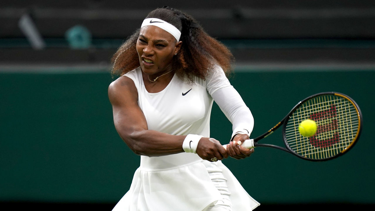 Serena Williams in action during her first round ladies' singles match against Aliaksandra Sasnovich on centre court on day two of Wimbledon at The All England Lawn Tennis and Croquet Club, Wimbledon. Picture date: Tuesday June 29, 2021.