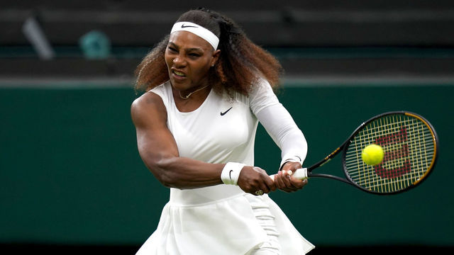 Serena Williams in action during her first round ladies' singles match against Aliaksandra Sasnovich on centre court on day two of Wimbledon at The All England Lawn Tennis and Croquet Club, Wimbledon. Picture date: Tuesday June 29, 2021.