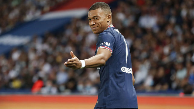 PARIS, FRANCE - AUGUST 14: Kylian Mbappe #7 of Paris Saint-Germain looks on during the Ligue 1 Uber Eats match between Paris Saint Germain and Strasbourg at Parc des Princes on August 14, 2021 in Paris, France.