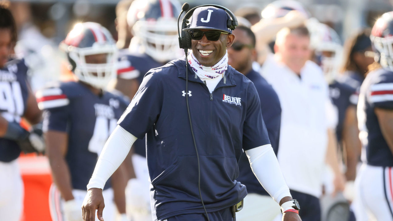 College Football: Jackson State coach Deion Sanders during game vs Alabama A&M at Mississippi Veterans Memorial Stadium. Jackson, MS 4/10/2021 CREDIT: David E. Klutho