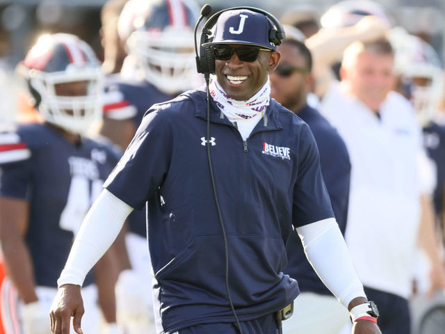 College Football: Jackson State coach Deion Sanders during game vs Alabama A&M at Mississippi Veterans Memorial Stadium. Jackson, MS 4/10/2021 CREDIT: David E. Klutho
