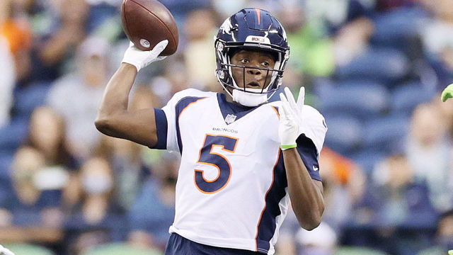 SEATTLE, WASHINGTON - AUGUST 21: Quarterback Teddy Bridgewater #5 of the Denver Broncos passes in the first half during an NFL preseason game against the Seattle Seahawks at Lumen Field on August 21, 2021 in Seattle, Washington.
