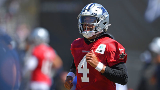 OXNARD, CA - AUGUST 03: Quarterback Dak Prescott #4 of the Dallas Cowboys participates in drills during practice at River Ridge Complex on August 3, 2021 in Oxnard, California.