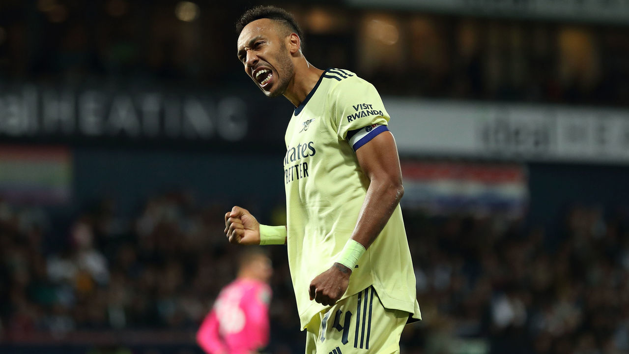 WEST BROMWICH, ENGLAND - AUGUST 25: Pierre-Emerick Aubameyang of Arsenal celebrates after scoring a goal to make it 0-5 during the Carabao Cup Second Round match between West Bromwich Albion and Arsenal at The Hawthorns on August 25, 2021 in West Bromwich, England.