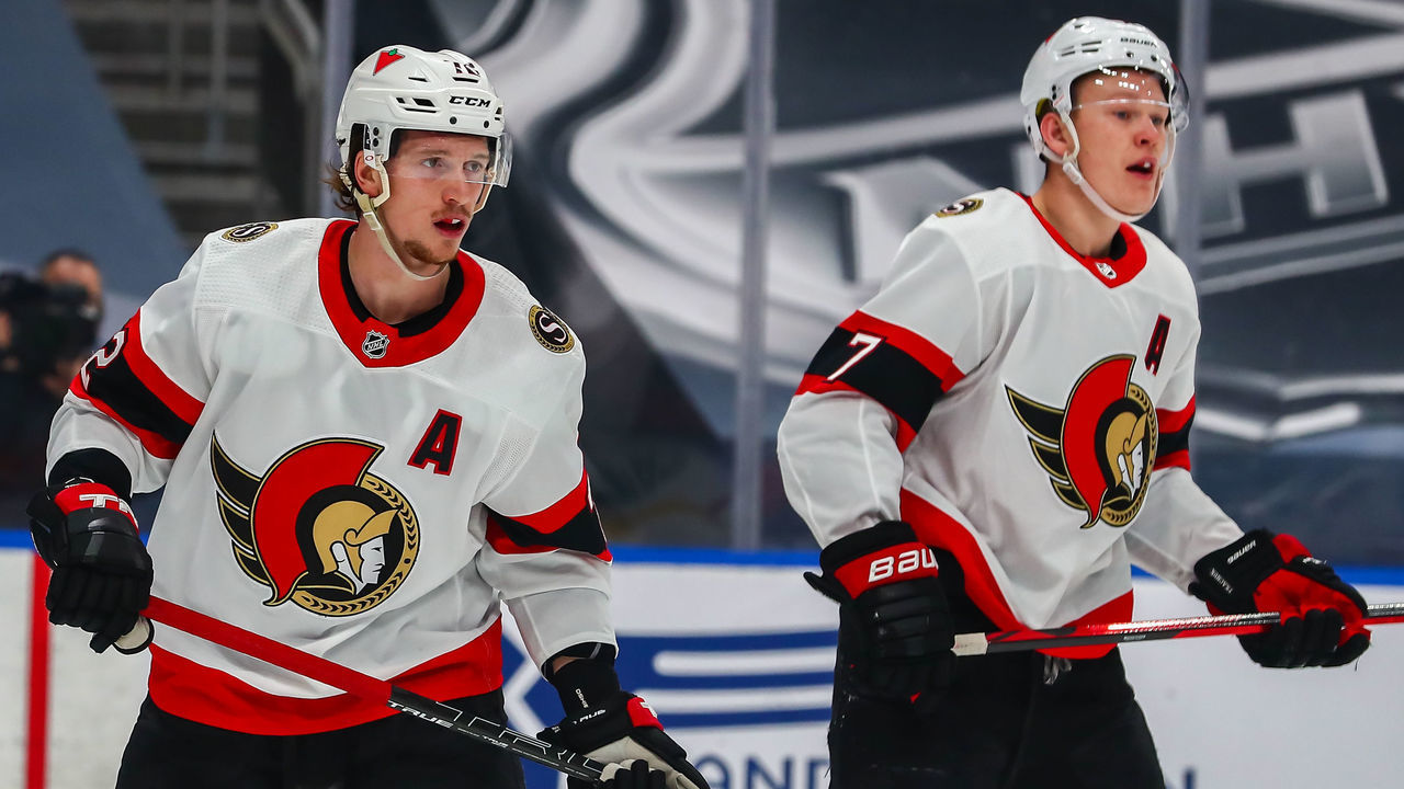 EDMONTON, AB - MARCH 8: Ottawa Senators Defenceman Thomas Chabot (72) and Ottawa Senators Left Wing Brady Tkachuk (7) in action in the first period during the Edmonton Oilers game versus the Ottawa Senators on March 8, 2021 at Rogers Place in Edmonton, AB.