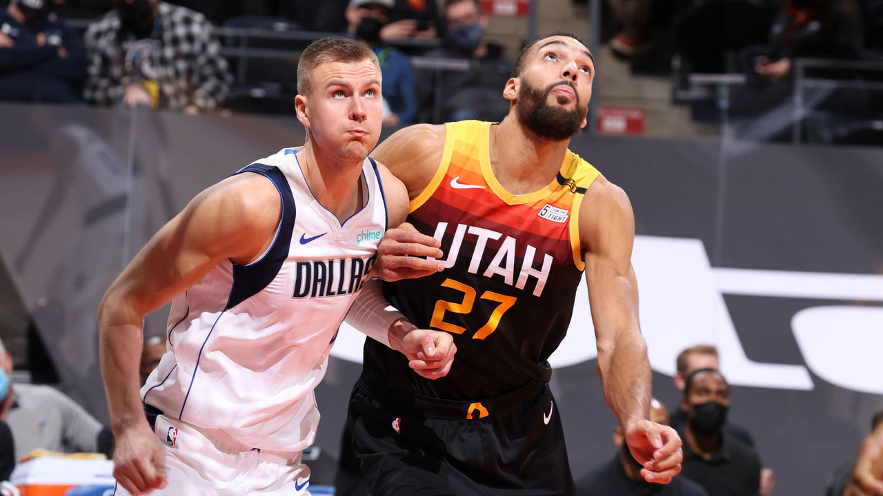 SALT LAKE CITY, UT - JANUARY 29: Kristaps Porzingis #6 of the Dallas Mavericks and Rudy Gobert #27 of the Utah Jazz fight for position during the game on January 29, 2021 at vivint.SmartHome Arena in Salt Lake City, Utah. Mandatory Copyright Notice: Copyright 2021 NBAE