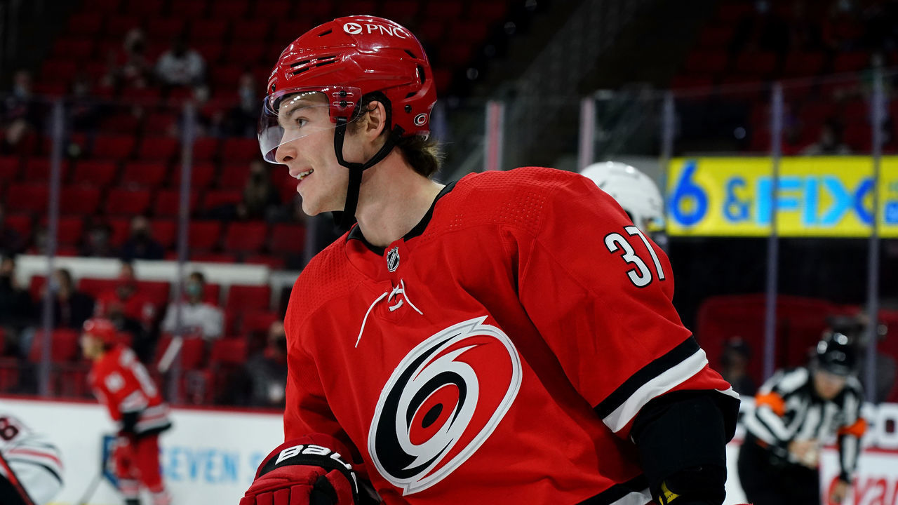 RALEIGH, NC - MAY 4: Andrei Svechnikov #37 of the Carolina Hurricanes skates for position on the ice during an NHL game against the Chicago Blackhawks on May 4, 2021 at PNC Arena in Raleigh, North Carolina.