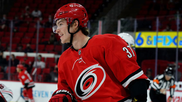 RALEIGH, NC - MAY 4: Andrei Svechnikov #37 of the Carolina Hurricanes skates for position on the ice during an NHL game against the Chicago Blackhawks on May 4, 2021 at PNC Arena in Raleigh, North Carolina.