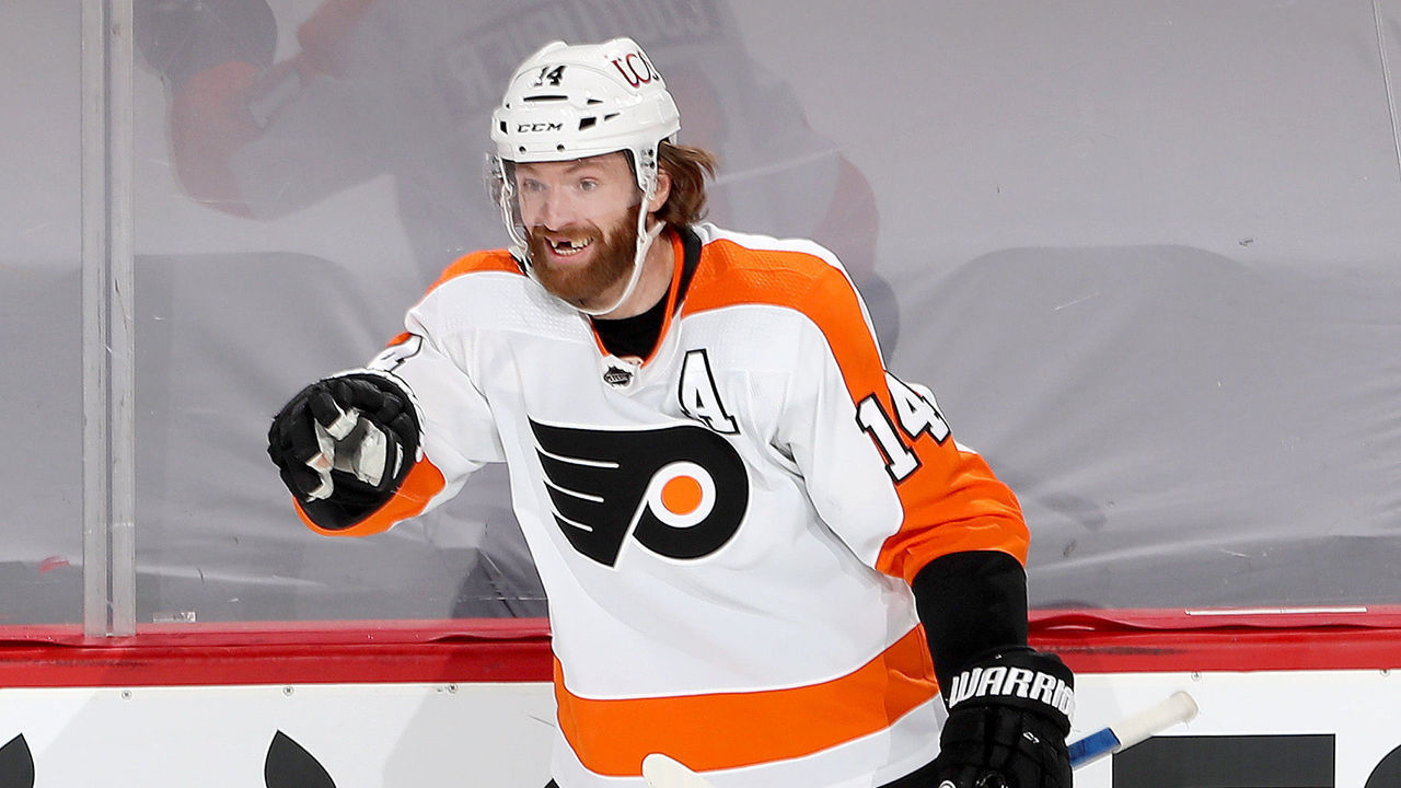 NEWARK, NEW JERSEY - APRIL 27: Sean Couturier #14 of the Philadelphia Flyers celebrates his unassisted goal in the third period against the New Jersey Devils at Prudential Center on April 27, 2021 in Newark, New Jersey.The New Jersey Devils defeated the Philadelphia Flyers 6-4.