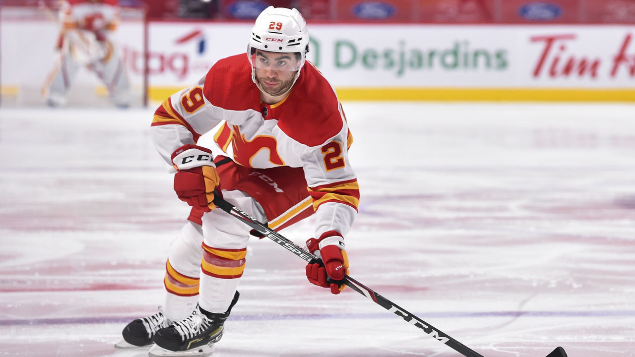 MONTREAL, QC - APRIL 14: Dillon Dube #29 of the Calgary Flames skates against the Montreal Canadiens during the third period at the Bell Centre on April 14, 2021 in Montreal, Canada. The Calgary Flames defeated the Montreal Canadiens 4-1.