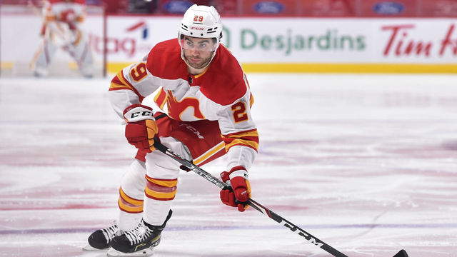 MONTREAL, QC - APRIL 14: Dillon Dube #29 of the Calgary Flames skates against the Montreal Canadiens during the third period at the Bell Centre on April 14, 2021 in Montreal, Canada. The Calgary Flames defeated the Montreal Canadiens 4-1.