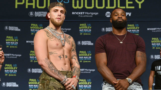 CLEVELAND, OHIO - AUGUST 26: Jake Paul and Tyron Woodley pose during a press conference at the Hilton Cleveland Downtown prior to their August 29 fight on August 26, 2021 in Cleveland, Ohio.