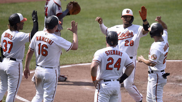 BALTIMORE, MARYLAND - AUGUST 26: Pedro Severino #28 of the Baltimore Orioles celebrates with Jahmai Jones #37, Trey Mancini #16, DJ Stewart #24 and Ramon Urias #29 after hitting a grand slam in the fifth inning against the Los Angeles Angels at Oriole Park at Camden Yards on August 26, 2021 in Baltimore, Maryland.