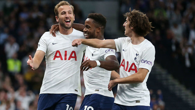 LONDON, ENGLAND - AUGUST 26: Harry Kane of Tottenham Hotspur celebrates with Ryan Sessegnon and Bryan Gil after scoring their team's first goal during the UEFA Conference League Play-Offs Leg Two match between Tottenham Hotspur and Pacos de Ferreira at on August 26, 2021 in London, England.