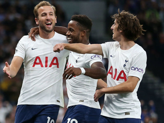LONDON, ENGLAND - AUGUST 26: Harry Kane of Tottenham Hotspur celebrates with Ryan Sessegnon and Bryan Gil after scoring their team's first goal during the UEFA Conference League Play-Offs Leg Two match between Tottenham Hotspur and Pacos de Ferreira at on August 26, 2021 in London, England.