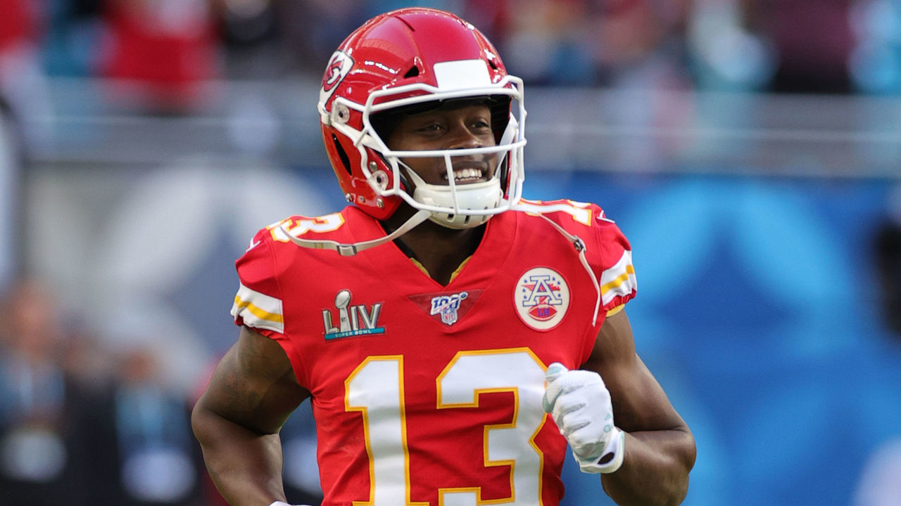 MIAMI, FLORIDA - FEBRUARY 02: Byron Pringle #13 of the Kansas City Chiefs reacts prior to Super Bowl LIV against the San Francisco 49ers at Hard Rock Stadium on February 02, 2020 in Miami, Florida.
