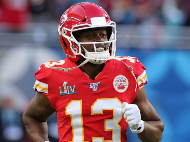 MIAMI, FLORIDA - FEBRUARY 02: Byron Pringle #13 of the Kansas City Chiefs reacts prior to Super Bowl LIV against the San Francisco 49ers at Hard Rock Stadium on February 02, 2020 in Miami, Florida.