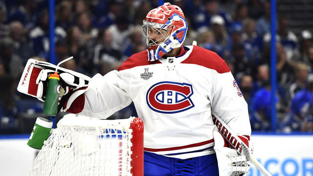 TAMPA, FLORIDA - JULY 07: Goaltender Carey Price #31 of the Montreal Canadiens grabs for his water bottle in the third period of Game Five of the 2021 Stanley Cup Final against the Tampa Bay Lightning at Amalie Arena on July 07, 2021 in Tampa, Florida.