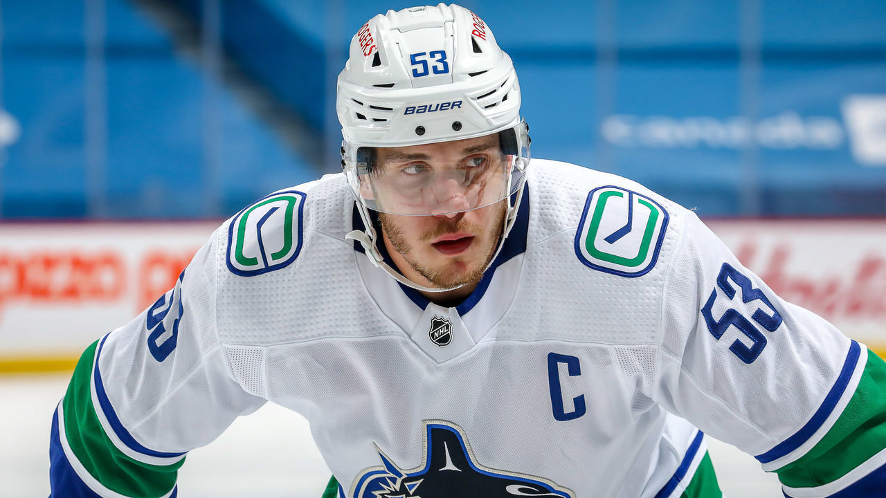 WINNIPEG, MB - MAY 11: Bo Horvat #53 of the Vancouver Canucks gets set for a second period face-off against the Winnipeg Jets at the Bell MTS Place on May 11, 2021 in Winnipeg, Manitoba, Canada.