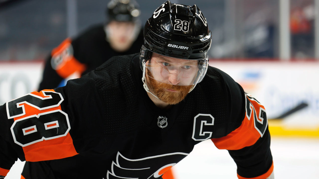 PHILADELPHIA, PA - MAY 03: Claude Giroux #28 of the Philadelphia Flyers looks on prior to a face-off against the Pittsburgh Penguins at the Wells Fargo Center on May 3, 2021 in Philadelphia, Pennsylvania.