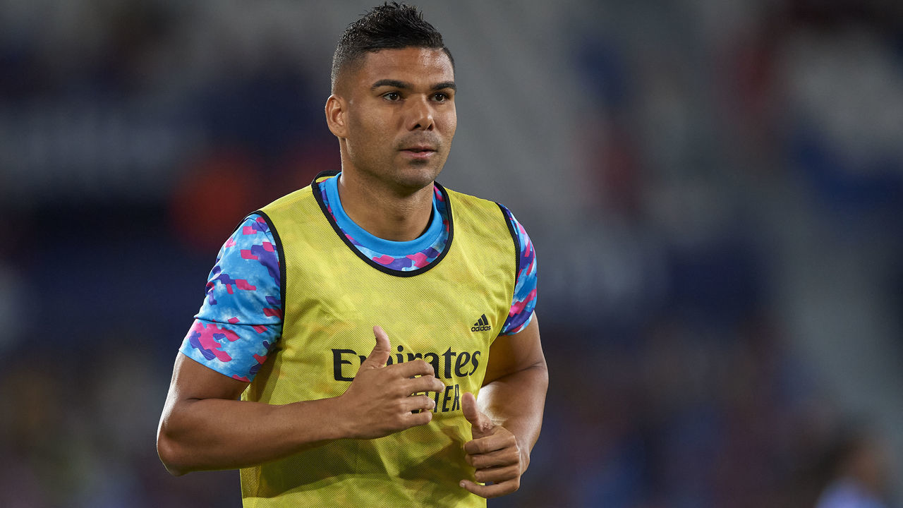 VALENCIA, SPAIN - AUGUST 22: Carlos Henrique Casemiro of Real Madrid CF looks on prior to the La Liga Santander match between Levante UD and Real Madrid CF at Ciutat de Valencia Stadium on August 22, 2021 in Valencia, Spain.