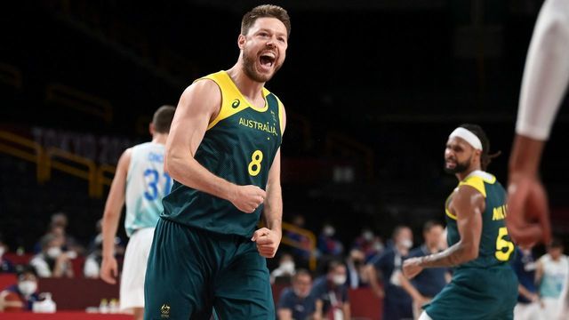 Australia's Matthew Dellavedova reacts during the men's bronze medal basketball match between Slovenia and Australia during the Tokyo 2020 Olympic Games at the Saitama Super Arena in Saitama on August 7, 2021.