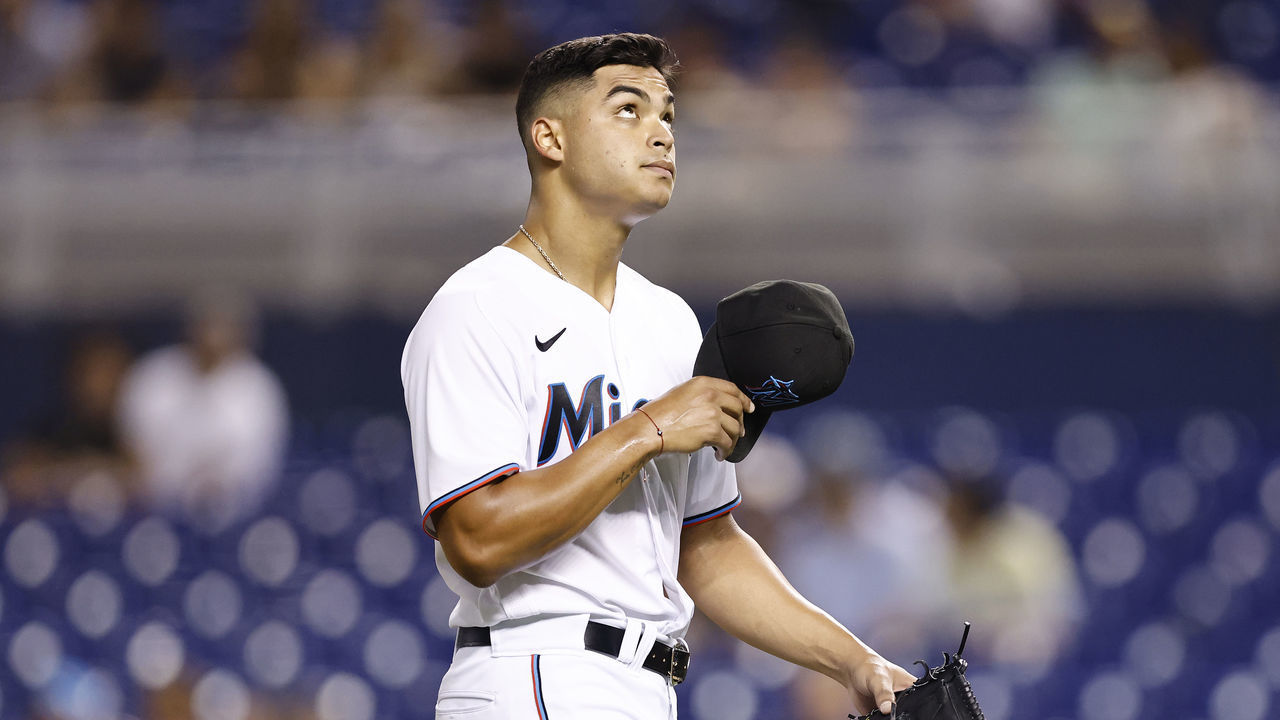 MIAMI, FLORIDA - AUGUST 24: Jesus Luzardo #44 of the Miami Marlins reacts after being taken out of the game during the fifth inning against the Washington Nationals at loanDepot park on August 24, 2021 in Miami, Florida.