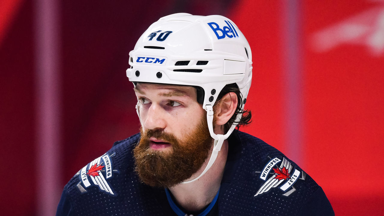 MONTREAL, QC - APRIL 30: Look on Winnipeg Jets defenceman Jordie Benn (40) during the Winnipeg Jets versus the Montreal Canadiens game on April 30, 2021, at Bell Centre in Montreal, QC