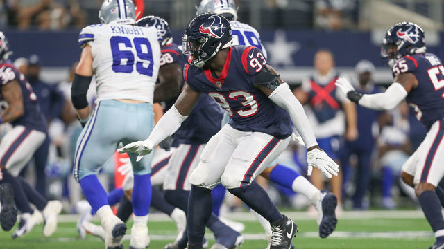 ARLINGTON, TX - AUGUST 21: Houston Texans defensive end Shaq Lawson (93) reacts to the play during the game between the Dallas Cowboys and the Houston Texans on August 21, 2021 at AT&T Stadium in Arlington, TX.