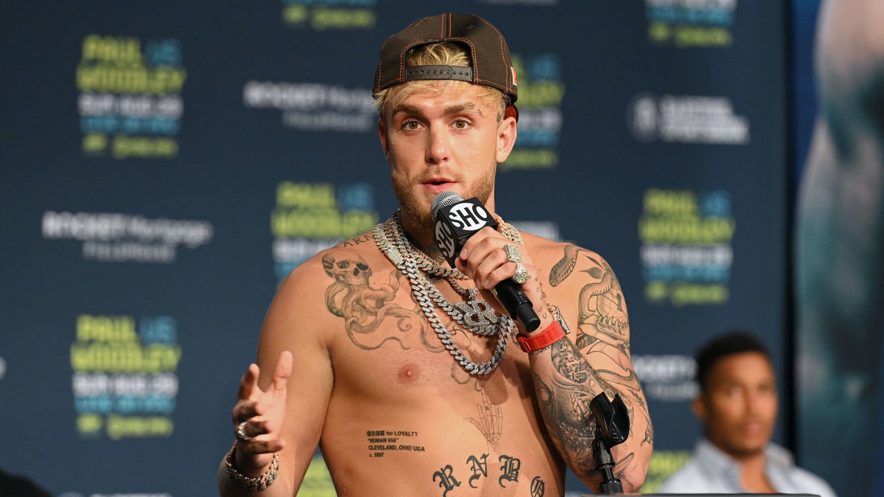 CLEVELAND, OHIO - AUGUST 26: Jake Paul answers questions during a press conference prior to his August 29 fight with Tyron Woodley on August 26, 2021 in Cleveland, Ohio.