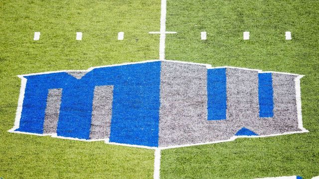 COLORADO SPRINGS, CO - OCTOBER 03: Mountain West Conference (MWC) logo on the field during a regular season college football game between the Navy Midshipmen and the Air Force Falcons on October 3, 2020, at Falcon Stadium in Colorado Springs, CO