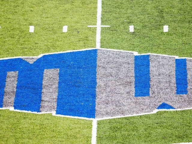 COLORADO SPRINGS, CO - OCTOBER 03: Mountain West Conference (MWC) logo on the field during a regular season college football game between the Navy Midshipmen and the Air Force Falcons on October 3, 2020, at Falcon Stadium in Colorado Springs, CO