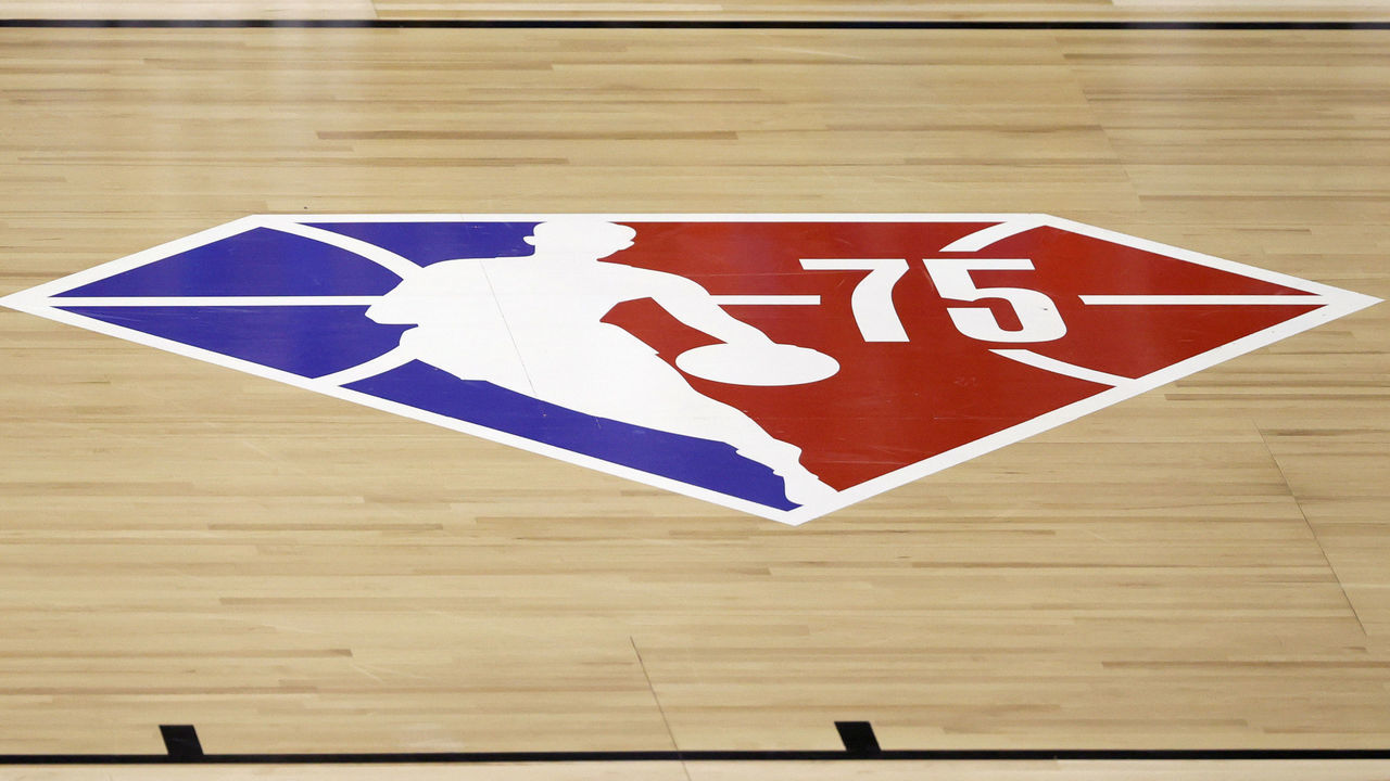 LAS VEGAS, NEVADA - AUGUST 08: A diamond-themed logo commemorating the NBA's 75th anniversary is shown on the court during a game between the Oklahoma City Thunder and the Detroit Pistons during the 2021 NBA Summer League at the Thomas & Mack Center on August 8, 2021 in Las Vegas, Nevada. The Thunder defeated the Pistons 76-72.