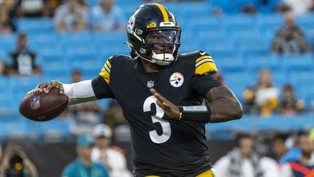 CHARLOTTE, NC - AUGUST 27: Dwayne Haskins #3 of the Pittsburgh Steelers looks to pass against the Carolina Panthers during the first half of an NFL preseason game at Bank of America Stadium on August 27, 2021 in Charlotte, North Carolina.