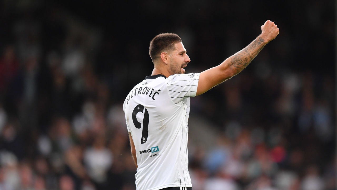 Fulham's Aleksandar Mitrovic celebrates scoring their side's third goal of the game during the Sky Bet Championship match at Craven Cottage, London. Picture date: Saturday August 28, 2021.