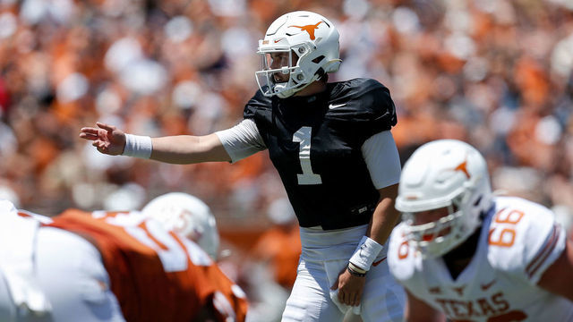 AUSTIN, TEXAS - APRIL 24: Hudson Card #1 of the Texas Longhorns signals at the line of scrimmage during the Texas Football Orange-White Spring Game at Darrell K Royal-Texas Memorial Stadium on April 24, 2021 in Austin, Texas.