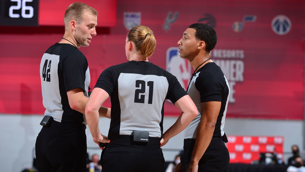 LAS VEGAS, NV - AUGUST 14: Referees, Paul Tuomey, Kelsey Reynolds and John Conley talk during the game between the Portland Trail Blazers and the Phoenix Suns during the 2021 Las Vegas Summer League on August 14, 2021 at the Cox Pavilion in Las Vegas, Nevada. NOTE TO USER: User expressly acknowledges and agrees that, by downloading and/or using this Photograph, user is consenting to the terms and conditions of the Getty Images License Agreement. Mandatory Copyright Notice: Copyright 2021 NBAE