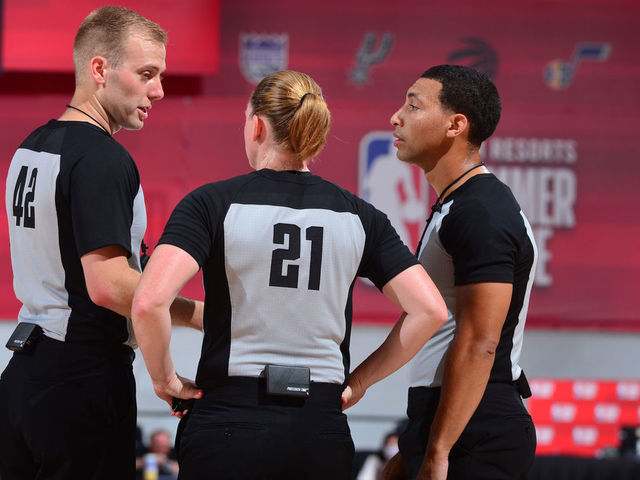 LAS VEGAS, NV - AUGUST 14: Referees, Paul Tuomey, Kelsey Reynolds and John Conley talk during the game between the Portland Trail Blazers and the Phoenix Suns during the 2021 Las Vegas Summer League on August 14, 2021 at the Cox Pavilion in Las Vegas, Nevada. NOTE TO USER: User expressly acknowledges and agrees that, by downloading and/or using this Photograph, user is consenting to the terms and conditions of the Getty Images License Agreement. Mandatory Copyright Notice: Copyright 2021 NBAE