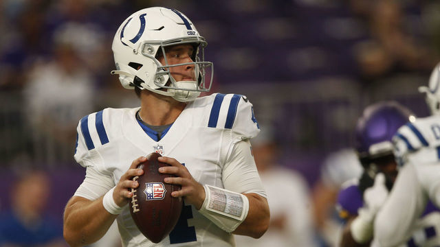 MINNEAPOLIS, MN - AUGUST 21: Indianapolis Colts quarterback Sam Ehlinger (4) drops back to make a pass during a preseason game between the Indianapolis Colts and Minnesota Vikings on August 21, 2021 at U.S. Bank Stadium in Minneapolis, MN.