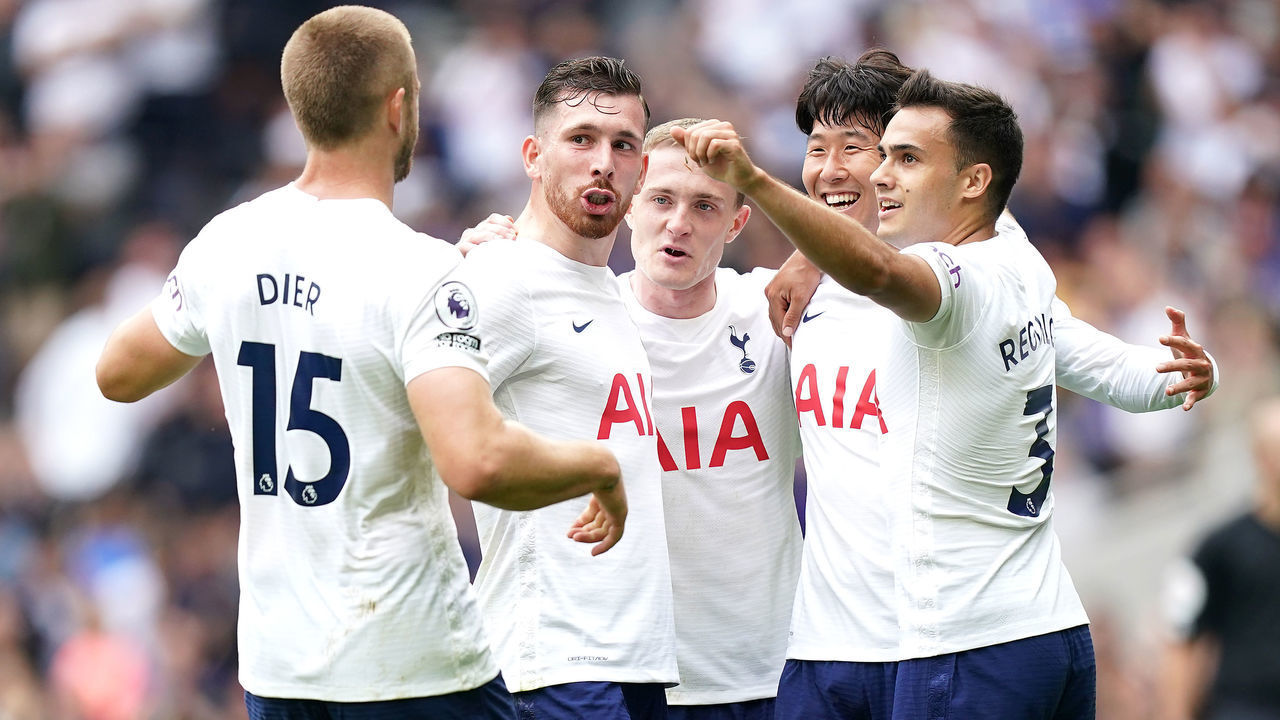Tottenham Hotspur's Son Heung-min (second right) celebrates scoring their side's first goal of the game with team-mates during the Premier League match at Tottenham Hotspur Stadium, London. Picture date: Sunday August 29, 2021.