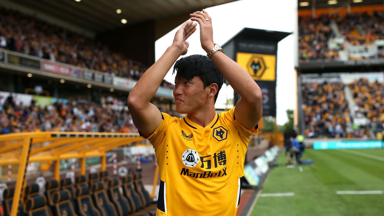 WOLVERHAMPTON, ENGLAND - AUGUST 29: Hwang Hee-Chan of Wolverhampton Wanderers is introduced to the fans ahead of the Premier League match between Wolverhampton Wanderers and Manchester United at Molineux on August 29, 2021 in Wolverhampton, England.