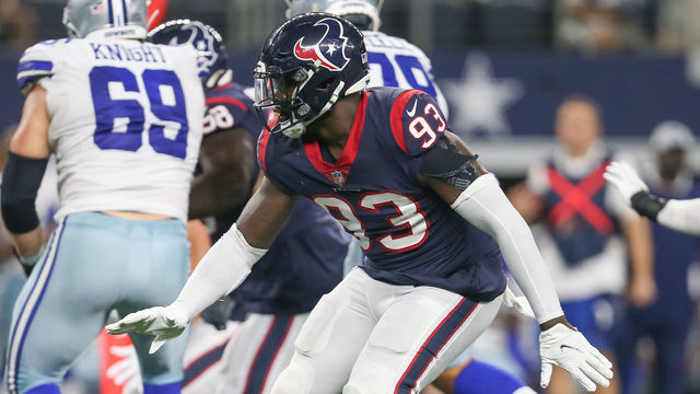 ARLINGTON, TX - AUGUST 21: Houston Texans defensive end Shaq Lawson (93) reacts to the play during the game between the Dallas Cowboys and the Houston Texans on August 21, 2021 at AT&T Stadium in Arlington, TX.
