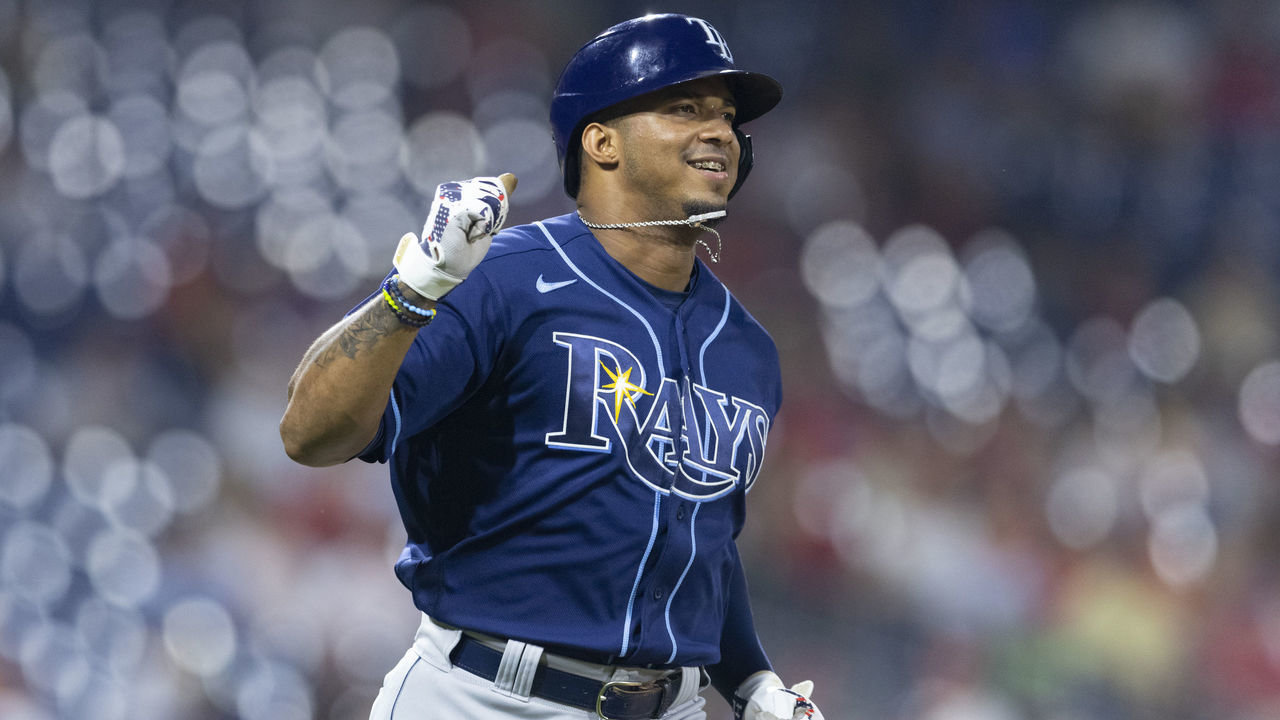 PHILADELPHIA, PA - AUGUST 24: Wander Franco #5 of the Tampa Bay Rays reacts against the Philadelphia Phillies at Citizens Bank Park on August 24, 2021 in Philadelphia, Pennsylvania. The Rays defeated the Phillies 3-1.