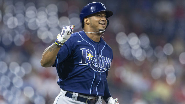 PHILADELPHIA, PA - AUGUST 24: Wander Franco #5 of the Tampa Bay Rays reacts against the Philadelphia Phillies at Citizens Bank Park on August 24, 2021 in Philadelphia, Pennsylvania. The Rays defeated the Phillies 3-1.