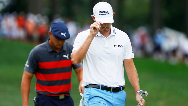 OWINGS MILLS, MARYLAND - AUGUST 29: Patrick Cantlay of the United States reacts to his birdie on the first green as Bryson DeChambeau of the United States looks on during the final round of the BMW Championship at Caves Valley Golf Club on August 29, 2021 in Owings Mills, Maryland.