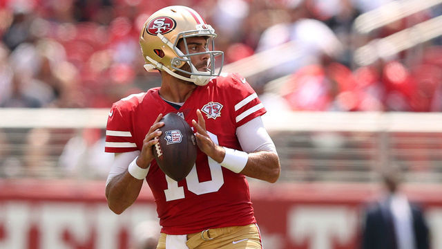 SANTA CLARA, CALIFORNIA - AUGUST 29: Jimmy Garoppolo #10 of the San Francisco 49ers passes the ball against the Las Vegas Raiders during their preseason game at Levi's Stadium on August 29, 2021 in Santa Clara, California.